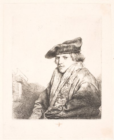 Yanında kitaplar olan kadife şapkalı genç adam by Rembrandt van Rijn