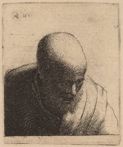 Kel adam ağzı açık, aşağı bakıyor by Rembrandt van Rijn and Studio of Rembrandt