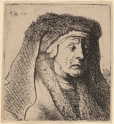 Kürklü Pelerinli ve Ağır Başlıklı Yaşlı Bir Kadının Büstü by Rembrandt van Rijn and Studio of Rembrandt