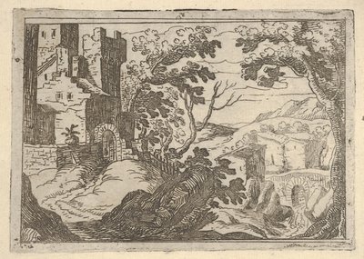 Solda binalar ve sağ altta bir köprü ile manzara, yaklaşık. 1620-50. by Remigio Cantagallina