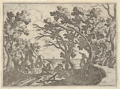 Kıyıdaki balıkçı ve ağaçların altında erkek izleyici ile manzara, tekne pruvasında bir adam..., ca. 1620-50. by Remigio Cantagallina