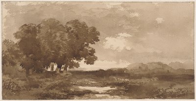 Solda bir grup ağaç olan manzara by Remigius Adrianus Haanen