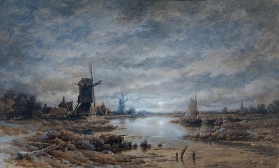 Mehtaplı gece (yel değirmenleri ve gemilerle dolu kanal manzarası) by Remigius Adrianus van Haanen