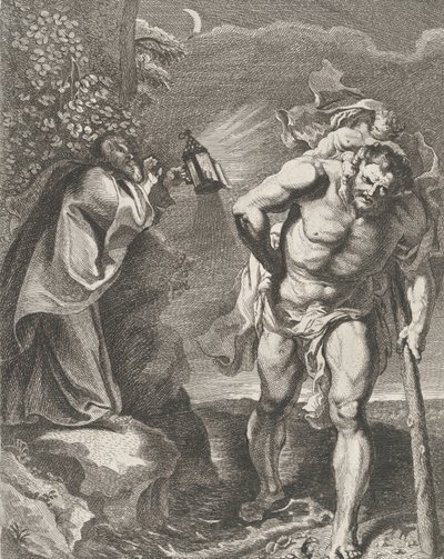 Aziz Christopher, Mesih çocuğunu bir dere boyunca taşıyor, başka bir adam bir ..., ca. 1636-80. by Remoldus Eynhoudts