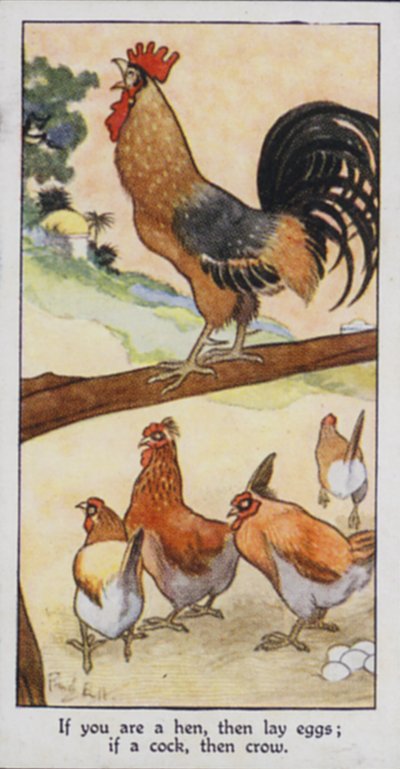 Doğu Atasözü: Tavuksan yumurtla; eğer bir horozsa, o zaman karga (renkli taş) by René Bull