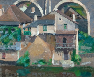 Uzerche'deki Vézère'deki Evler (karton üzerine yağlı boya) by René Fontayne