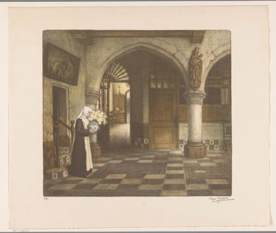 Bir çiçek vazo ile bir manastır salonunda rahibe by René Janssens (signed by artist)