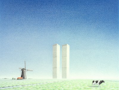 İkiz Kuleler, 2001, Kağıt üzerine renkli karakalem by Rene Boin