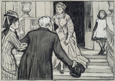 Ziyaret, Rene Boylesve'nin La Jeune Fille Bien Elevee'den çizimi (kağıt üzerine siyah beyaz tebeşirler) by René François Xavier Prinet