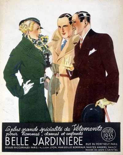 "Erkekler, bayanlar ve çocuklar için en büyük giyim uzmanlığı Belle Jardinière" reklamı, 1935 kışı by Rene Vincent