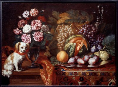 Cüce spaniel ile natürmort. Renaud Levieux tarafından yapılan resim, Reynaud Le Vieux (c.1625-1690) dedi by Reynaud Levieux