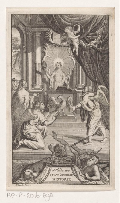 Vader Time, Tarihi ortaya koyuyor J. Huebner'in siyasi tarihini (nesne üzerindeki başlık) Başlık sayfası: Johann Hübner, Politik tarihten kısa sorular, 1722 by Reynier Blokhuysen