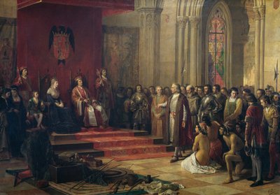 Ricardo Balaca'nın (1844-1880) 1874 tarihli tablosu, Kristof Kolomb, Amerika'ya yaptığı ilk geziden dönüşünde Barselona'da Katolik krallar tarafından karşılandı, tuval üzerine yağlı boya by Ricardo Balaca y Canseco
