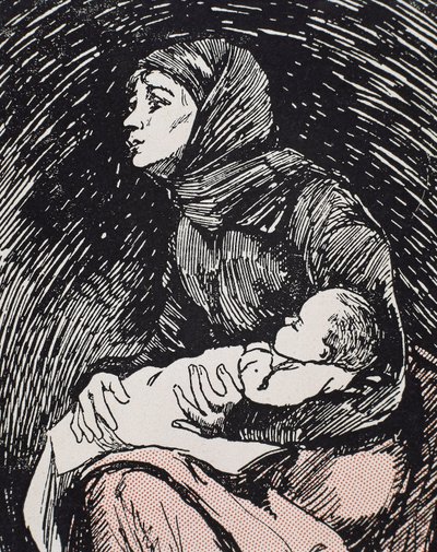 Noel arifesi. 1900. Kollarında çocuğu olan sıska bir kadın (gravür) by Ricardo Maria Navarrete