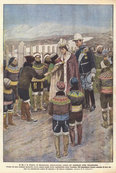 Danimarka Kralı ve Kraliçesi Alexandrine, Grönland Eskimolarına (renkli taş) by Riccardo Salvadori