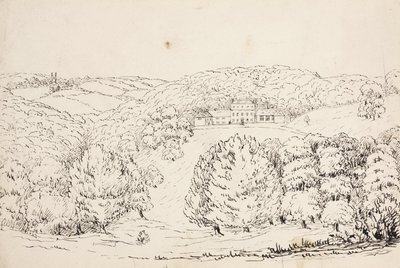 Güney Atlantik, ormanlık bir yamaçta bir binanın kalem çizimi by John Pardon
