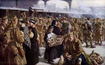 Victoria İstasyonu, 1. Dünya Savaşı, Fransa'ya gidiyor (renkli lito) by Richard (after) Jack
