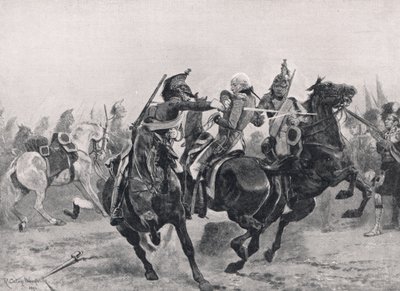 Fransız Ejderhaları Tarafından Sir Ralph Abercrombie'ye Saldırı, 'Karada ve Denizde İngiliz Savaşları'ndan bir örnek, Cassell, Londra, c.1910 tarafından yayınlandı by Richard Caton Woodville