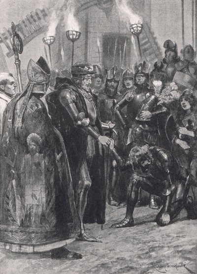 Edward III, Crecy Savaşı'ndan sonra Galler Prensi'ni selamlarken, Cassell tarafından yayınlanan 'British Battles on Land and Sea'den bir örnek, Londra, c.1910 by Richard Caton Woodville junior