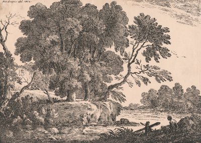 Suyla çevrili ağaç gruplarının olduğu manzara, solda kulübe, sağ ön planda oturan kadın by Richard Cooper the Elder