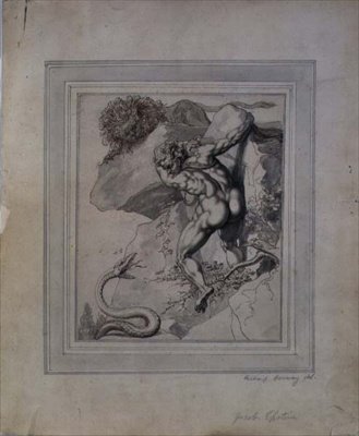 Aslan ve Yılan Arasında Hapsedilmiş Bir Adam, c.1790 (kalem ve kahverengi mürekkep, kağıt üzerinde gri yıkama) by Richard Cosway