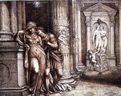 Cupid tarafından teşvik edilen iki aşık by Richard Cosway