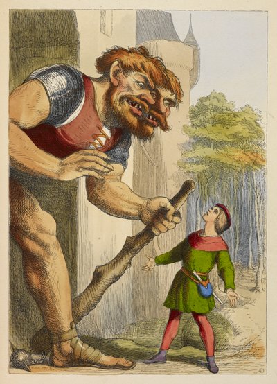 Jack, iki başı olan bir deve bakıyor. Dev Galli. Bir çocuk kitabında renkli illüstrasyon. by Richard Doyle
