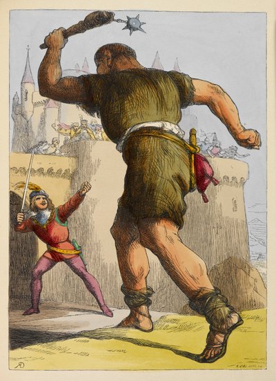 Jack, bir kalenin dışında bir devle savaşmaya hazır. Bir çocuk kitabında renkli illüstrasyon. by Richard Doyle