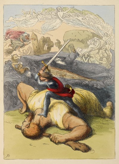 Jack, kılıcını kaldırmış bir devin vücudunun üzerinde duruyor. Bir çocuk kitabında renkli illüstrasyon. by Richard Doyle