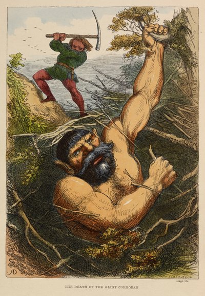 'Dev Cormoran'ın ölümü'. Efsaneye göre Cormoran adlı bu dev, Cornwall'daki St Michael Dağı'nda yaşıyordu. Bir çocuk kitabında renkli illüstrasyon. by Richard Doyle