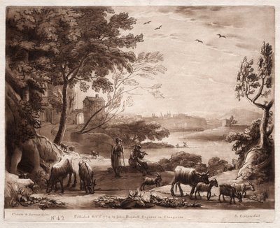 Liber Veritatis: No. 42, Bir Çoban, Bir Çoban ve Bir Sığır Sürüsü ile Bir Nehir Manzarası by Richard Earlom