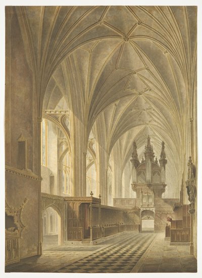 Bristol Katedrali Korosu, Batıya Bakmak (el renkli aquatint) by Richard G. Reeve