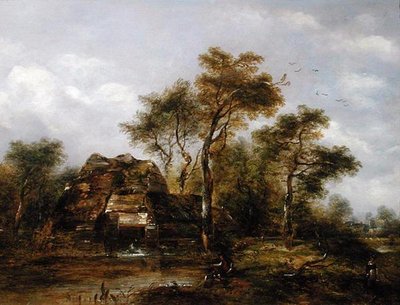 Man Fishing ile Overshot Mill (tuval üzerine yağlı boya) by Richard Hilder