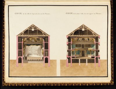 Tiyatronun yanındaki oditoryumun kesiti & Tiyatronun karşısındaki aynı odanın kesiti, Richard Mique tarafından Recueil des plan du Petit Trianon by Richard Mique