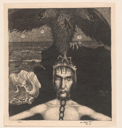Kafasında üç başlı bir yırtıcı kuş olan zincirlenmiş adam Anangkè (Afet) (orijinal başlık) by Richard Nicolaüs Roland Holst (signed by artist)