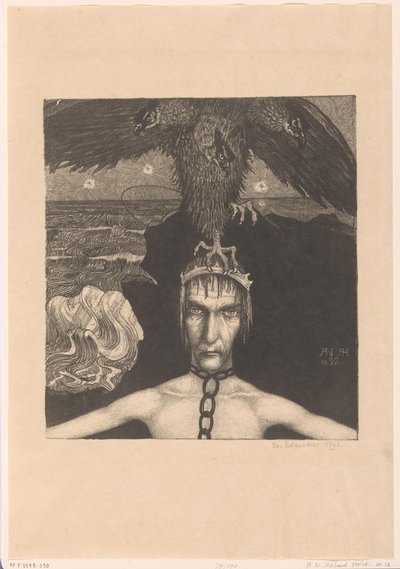 Kafasında üç başlı yırtıcı kuş olan zincirli adam Anangke (Kader) (orijinal başlık) by Richard Nicolaüs Roland Holst