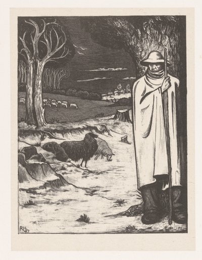 Tepelik bir manzarada koyun sürüsü olan çoban by Richard Nicolaüs Roland Holst