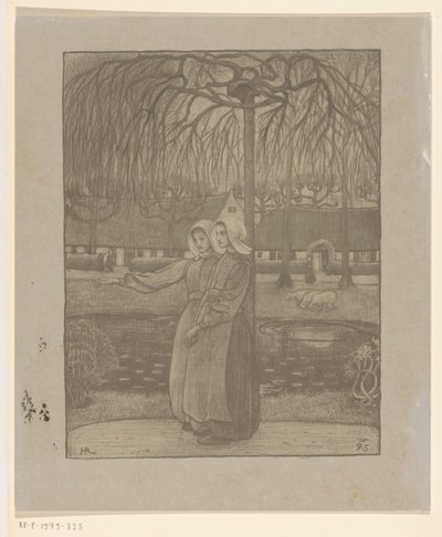 Bir gölet tarafından ev kızları by Richard Nicolaüs Roland Holst