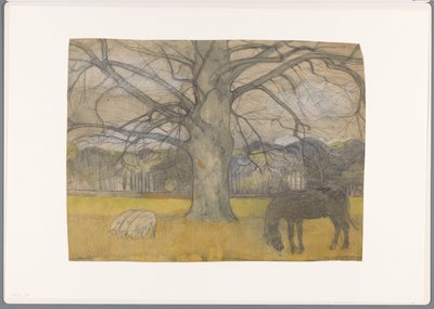 Koyun ve at ile bir çayır üzerinde çıplak kayın by Richard Nicolaüs Roland Holst