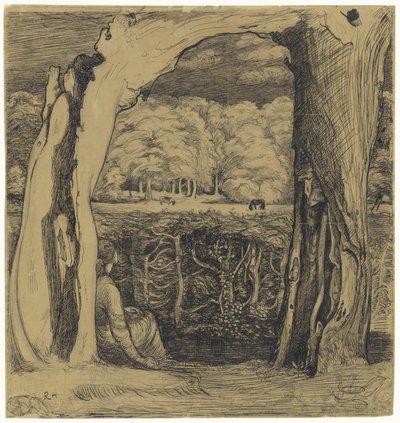 İki söğüt ağacının arasında oturan bir kadınla manzara by Richard Nicolaüs Roland Holst