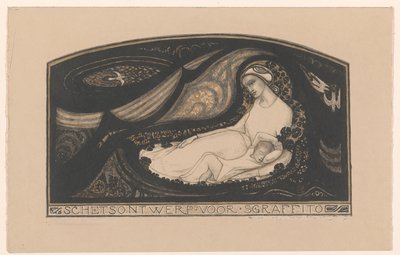 Sgraffito için uzanmış kadın ve çocuk Eskiz tasarımı (nesne üzerindeki başlık) by Richard Nicolaüs Roland Holst