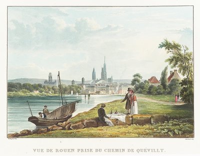 Quevilly yolundan çekilmiş Rouen manzarası (Fransa). Richard Parkes Bonigton (1802-1828) tarafından yapılmış litografi (34,7x51,7 cm), 19. yüzyıl başı. by Richard Parkes Bonington