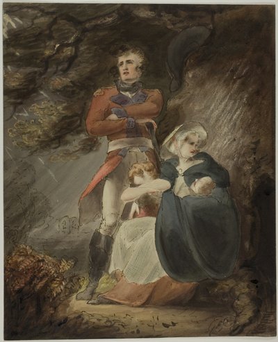 Eşi ve Çocuklarıyla Fırtınadan Korunmak İsteyen Subay (recto); Tepedeki Kalenin Krokisi (verso) by Richard Westall