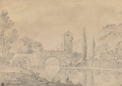 Üç Kemerli Köprü, Köprülü Ev, Kıyı yakınında Figürler ve Uzak Kıyıda Kavaklarla İtalyan Manzarası by Richard Wilson