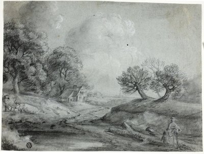 Kadın ve İneklerle Manzara (mavi kağıt üzerine beyaz tebeşirle yükseltilmiş, güdük siyah tebeşir) by Richard Wilson