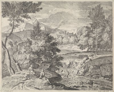 Bir şelalenin yanında iki figürlü Arcadian manzarası by Richard van Orley (II)