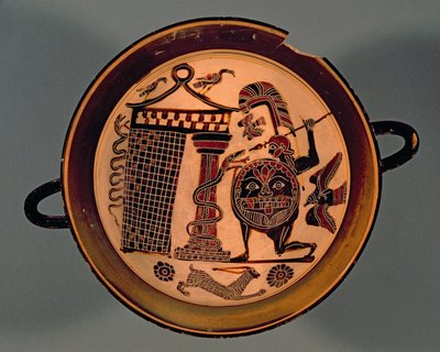 Bir yılana saldıran bir savaşçıyı betimleyen Laconian siyah figürlü fincan, MÖ 6. yy (çömlek) by Rider Painter