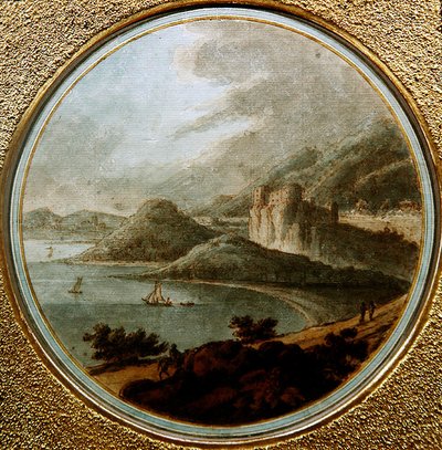 Gemilerle dolu bir deniz körfezinin üzerindeki kale, c.1775 (kağıt üzerine suluboya ile kalem ve mürekkep) by Robert (attr. to) Adam