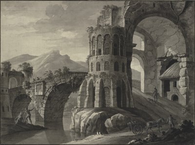 Mimari fantezi. Ortaçağ kuleleri ile çevrili antik köprünün harabesi by Robert Adam
