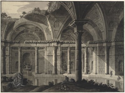 Yıkık çatılı ve figürlü antik bir hamamın mimari fantezisi by Robert Adam